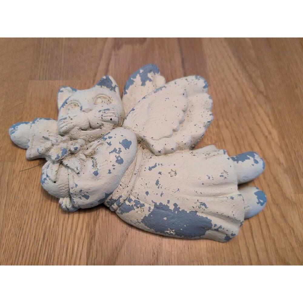 Vintage White Concrete Art Sculpture Angel Cat with wings, Memorial Plaque